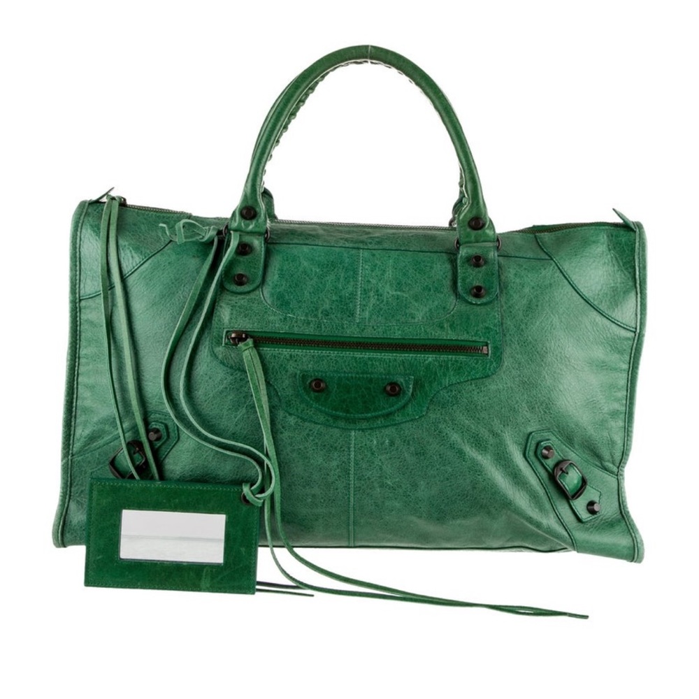 Green Balenciaga Large Motocross Work Handle Bag with compact mirror